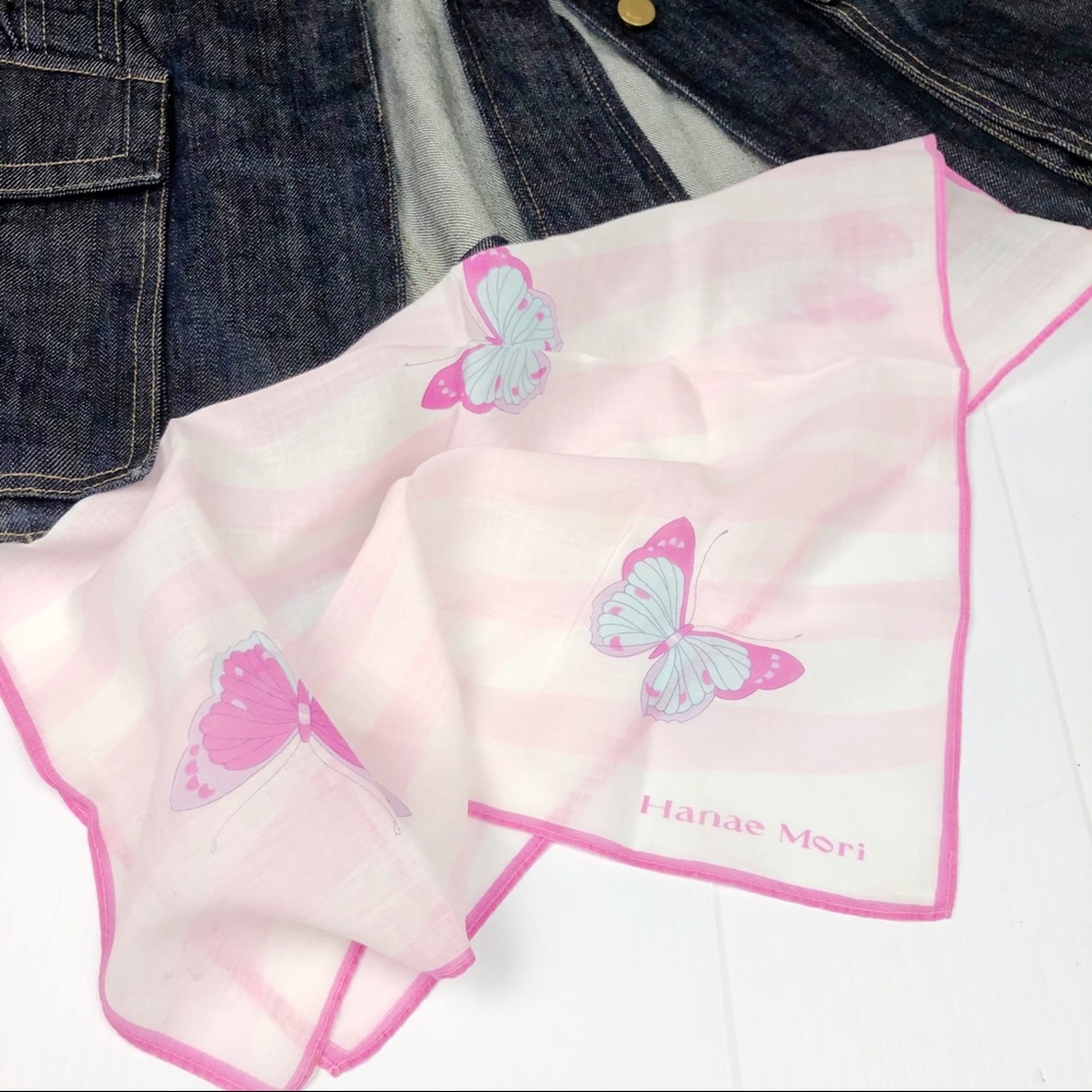 HANAE MORI Butterfly Print Striped Pastel Scarf OS